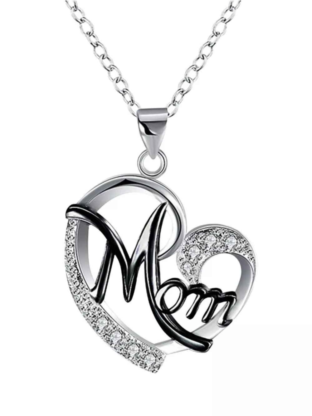 Mom Heart Pendant Necklace Crystal Inlayed Encrusted Silver Heart Black Mom